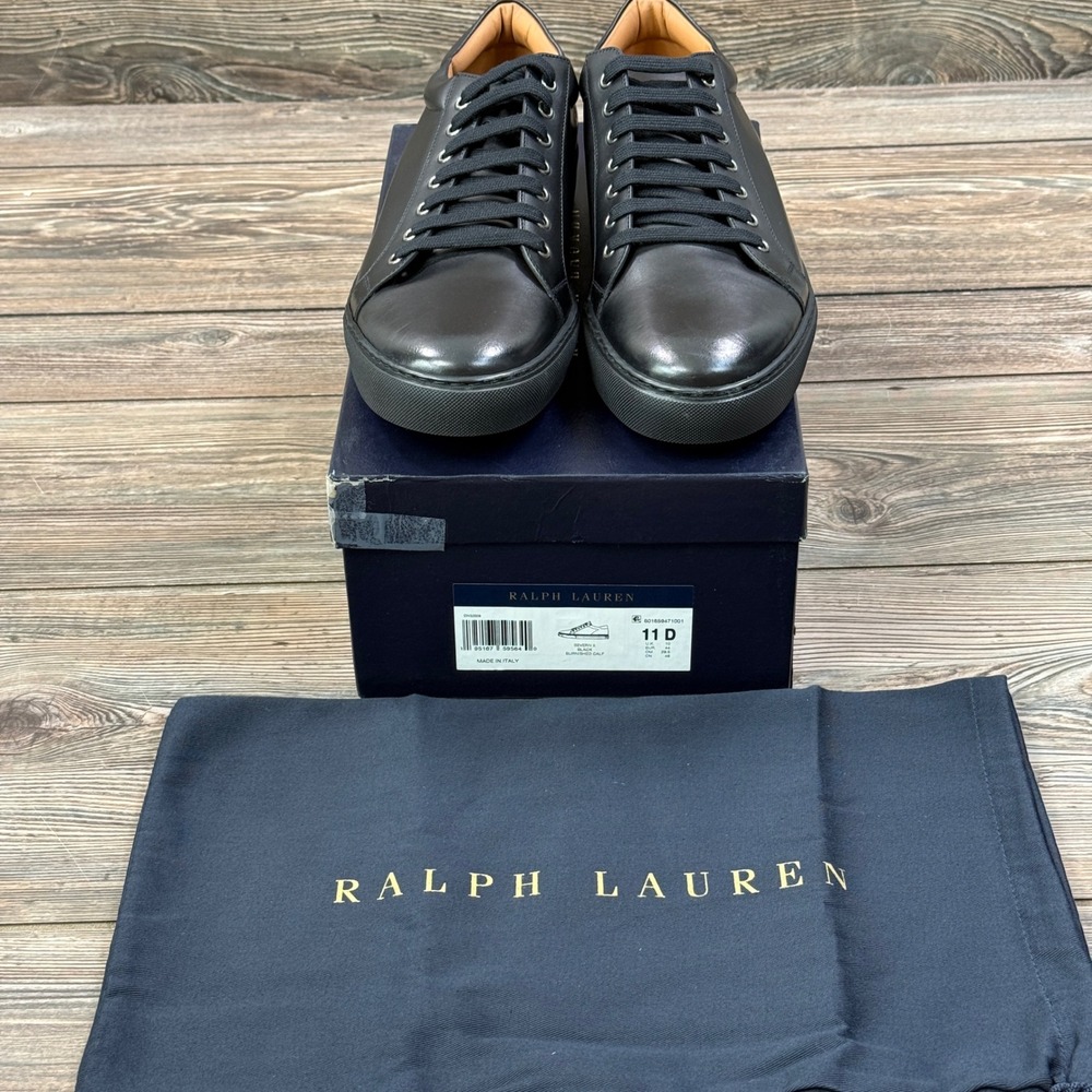 Ralph Lauren Purple Label Mens 11 D Severn Sneaker Black Calf Leather Italy New - Picture 2 of 9